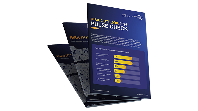 mockup of the Risk Outlook 2026 Pulse Check Report by International SOS in partnership with Echo Research
